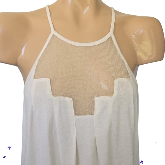 Anthropologie Deletta Staggered Gleam Tunic Halter Tank Cream Gold Mesh Sz Small - Picture 2 of 13